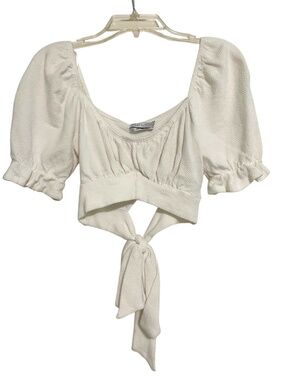 White Crop Top Short Gathered Sleeves Scoop TIe Back Urban Outfitters Small